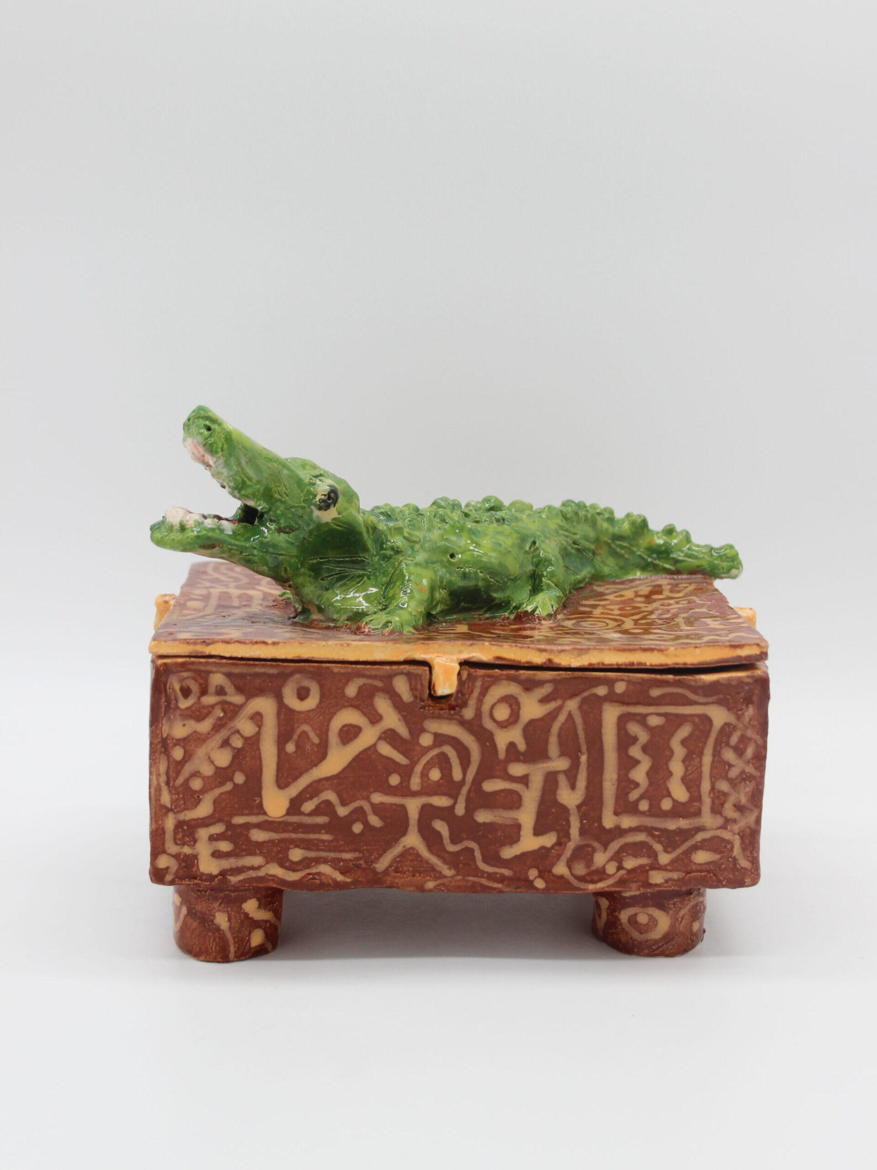 Crocodile Box, 2023, Earthenware, Glaze, Oil-based Ink (" H x " W x " D)