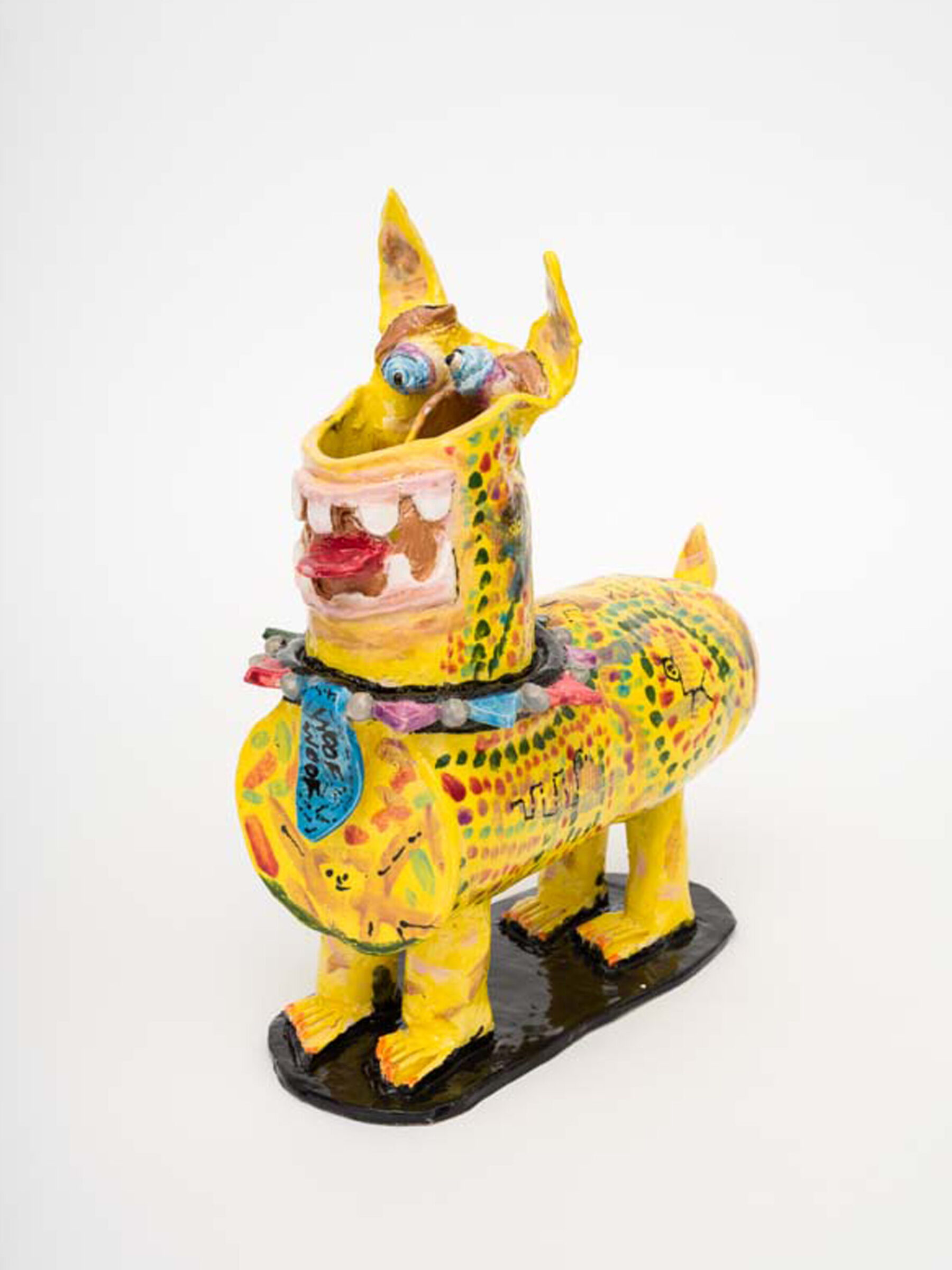 Atomic Dog (side view), 2022, Earthenware, Glaze, Oil-based Ink (13" H x 13" W x 5.5 D)